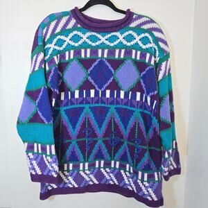 Vintage 80s 90s CJ Banks Geometric Print Sweater Purple SZ M Colorful Oversized